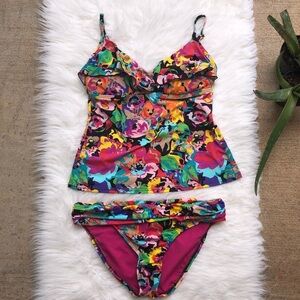 F2 Kenneth Cole Multi Floral Two Piece Swimsuit Size S Y2K Boho